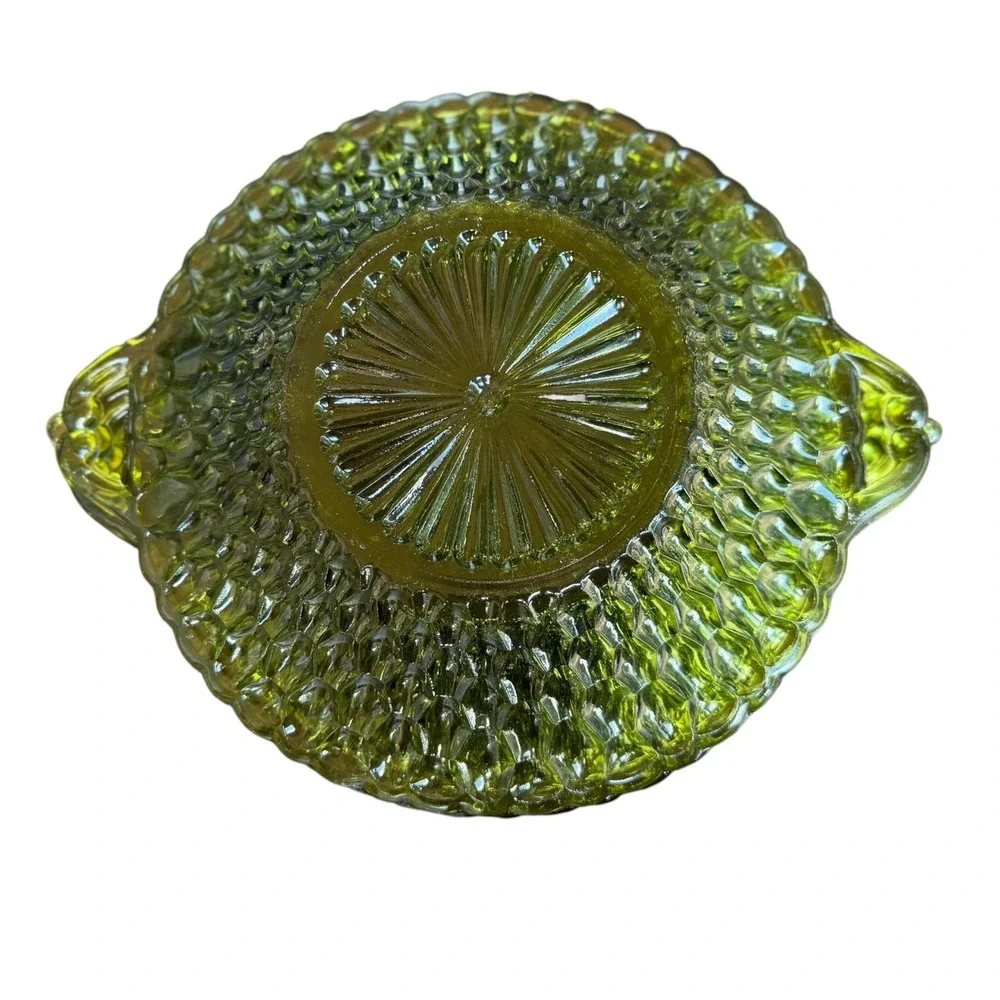 Vintage Green Pressed Glass Bowls Set of 4 Diamond Point Scalloped Edge Handles